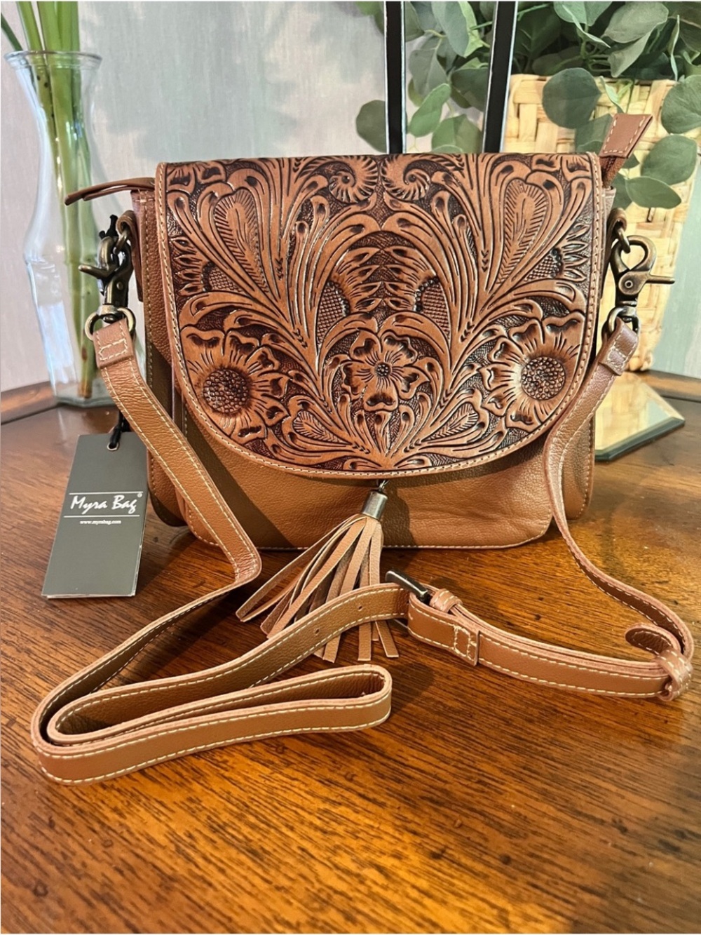 New Leather Embroidered Crossbody Boho Bag 9”x10”